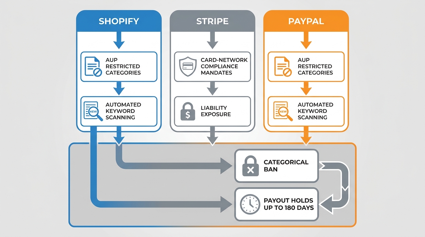 Policy and enforcement cascade overview (illustrative, no brand logos).