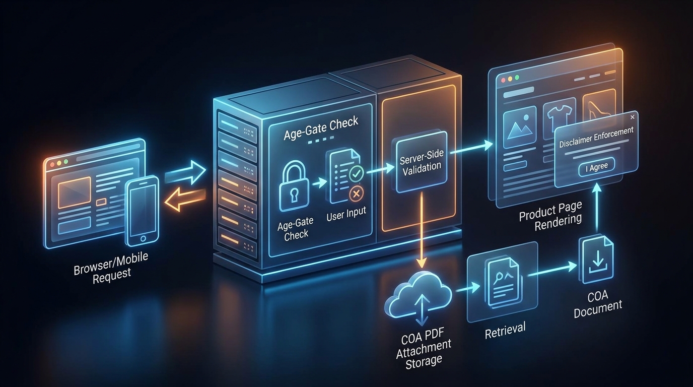 Compliance workflow concept (age gate, COA, disclaimers)