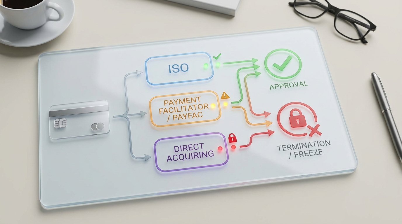 Visual explainer of ISO vs PayFac vs direct acquiring risk pathways.